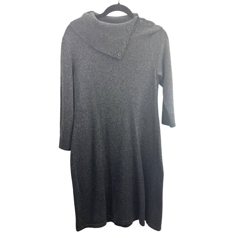 Talbots Women's Gray Sparkle Knit Sweater Dress Size M Cowl Neck Button Detail